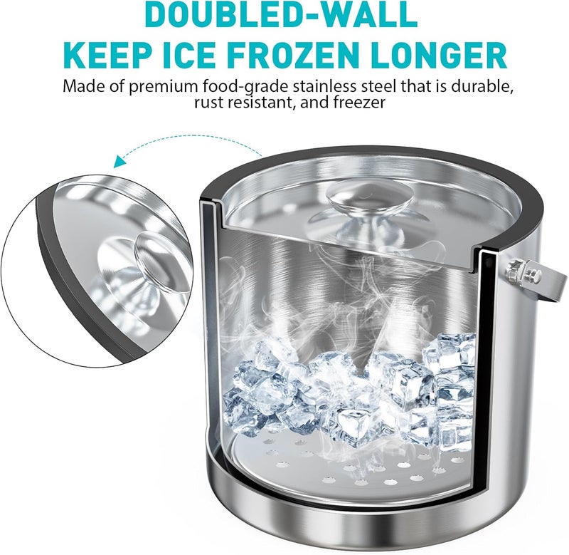 Five Home 3.2L Double Wall Stainless Steel Ice Bucket with Lid,Scoop, Updated Insulated Ice Bucket for Cocktail Bar and Parties - Image 3